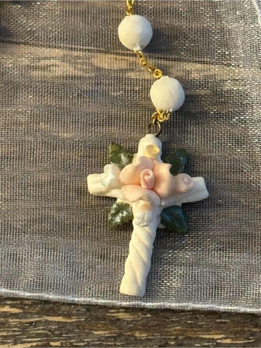 Pocket Rosary Ceramic Prayer Beads Pink Rosebuds With Matching Floral Crucifix